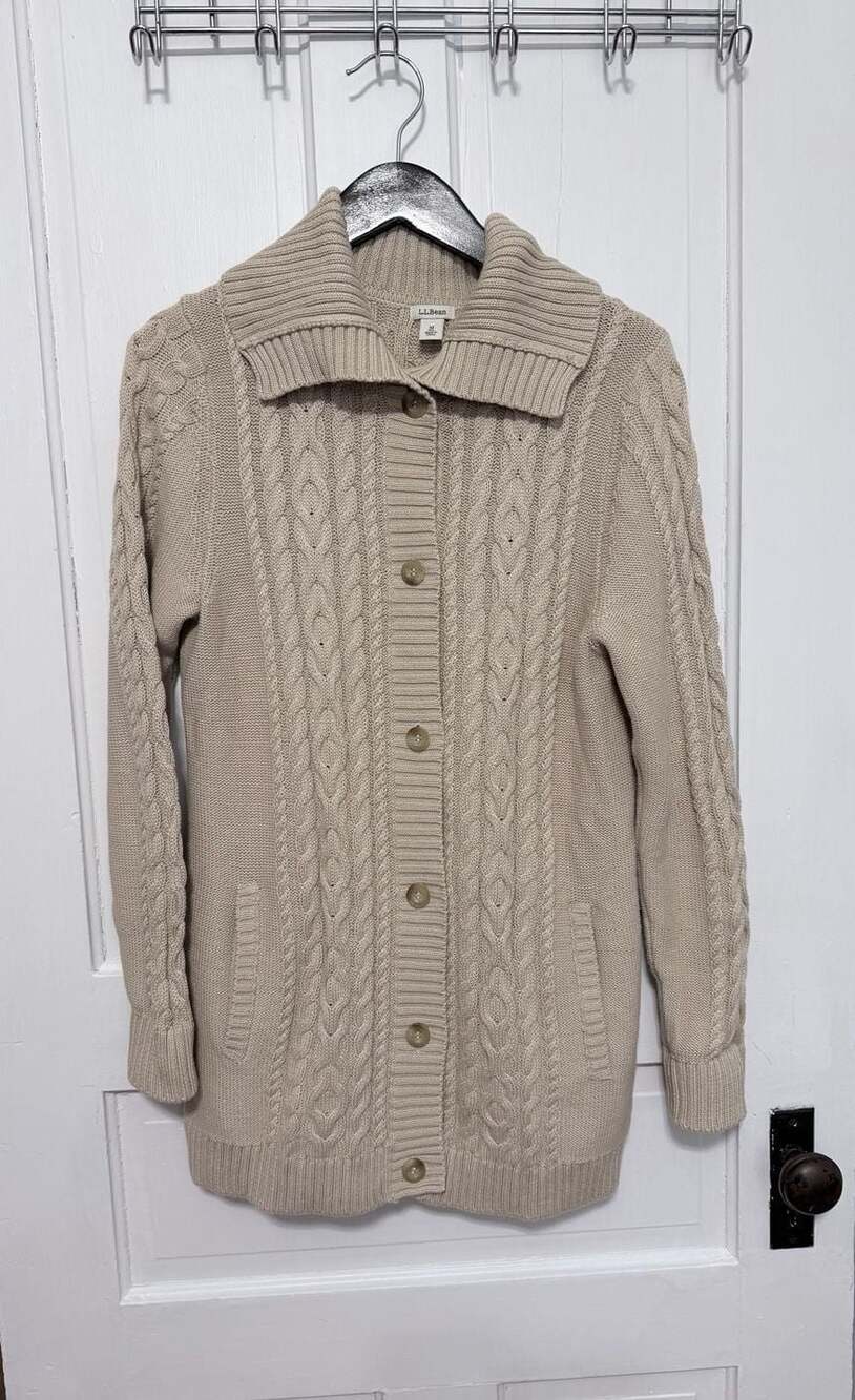 L.L. Bean Women's Cream 100% Cotton Cable Knit Button-Front Cardigan Sweater M